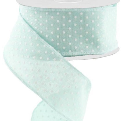 Wired Ribbon * Raised Swiss Dots * Mint and White Canvas * 1.5" x 10 Yards * RG01651AN