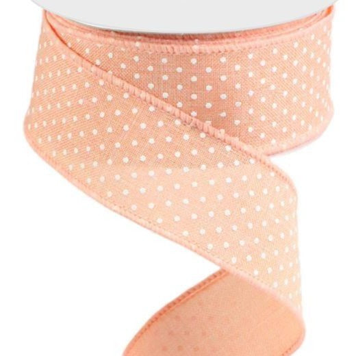 Wired Ribbon * Raised Swiss Dots * Peach and White Canvas * 1.5" x 10 Yards * RG01651ET