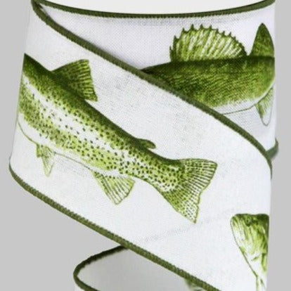 Wired Ribbon * Freshwater Fish * White, Dk. Green and Moss * 2.5" x 10 Yards  Canvas * RG0165427
