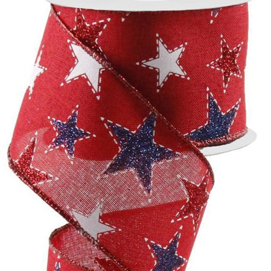 Patriotic Wired Ribbon * Dashed Glitter Stars * Red, White and Navy * 2.5" x 10 Yards * RG0165824 * Canvas
