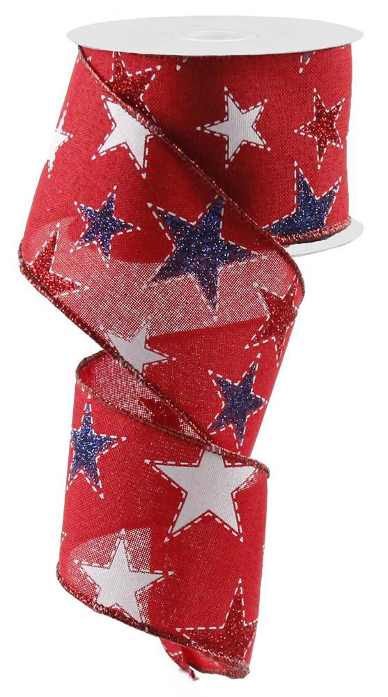 Patriotic Wired Ribbon * Dashed Glitter Stars * Red, White and Navy * 2.5" x 10 Yards * RG0165824 * Canvas