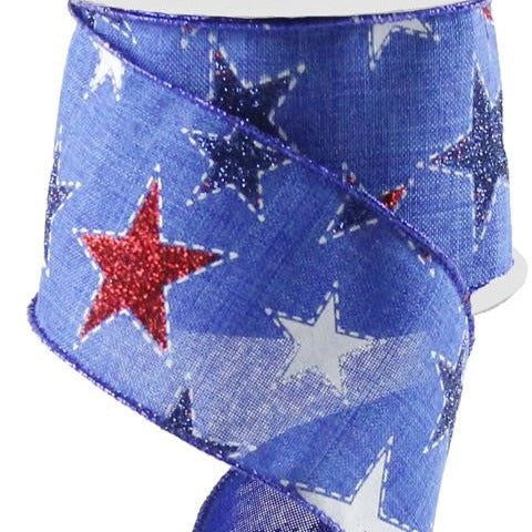 Patriotic Wired Ribbon * Dashed Glitter Stars * Royal Blue, Red, White and Navy * 2.5" x 10 Yards * RG0165825 * Royal Canvas
