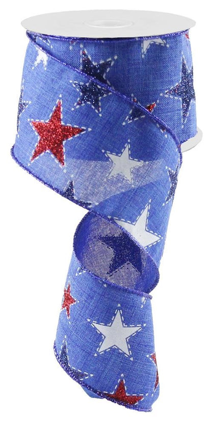 Patriotic Wired Ribbon * Dashed Glitter Stars * Royal Blue, Red, White and Navy * 2.5" x 10 Yards * RG0165825 * Royal Canvas