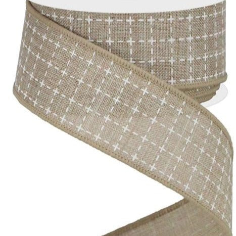 Wired Ribbon * Raised Stitched Squares * Natural and White * 1.5" x 10 Yards * Canvas * RG0167718