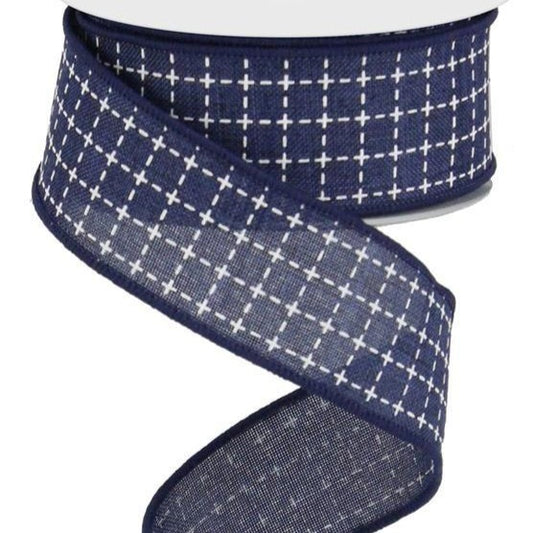 Wired Ribbon * Raised Stitched Squares * Navy and White * 1.5" x 10 Yards * Canvas * RG0167719