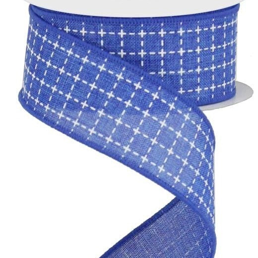 Wired Ribbon * Raised Stitched Squares * Royal Blue and White * 1.5" x 10 Yards * Canvas * RG0167725