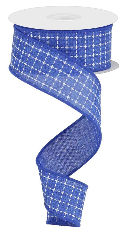 Wired Ribbon * Raised Stitched Squares * Royal Blue and White * 1.5" x 10 Yards * Canvas * RG0167725