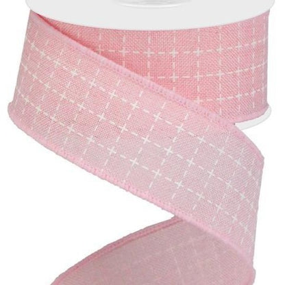 Wired Ribbon * Raised Stitched Squares * Pale Pink and White * 1.5 x 10 Yards * Canvas * RG01677FA