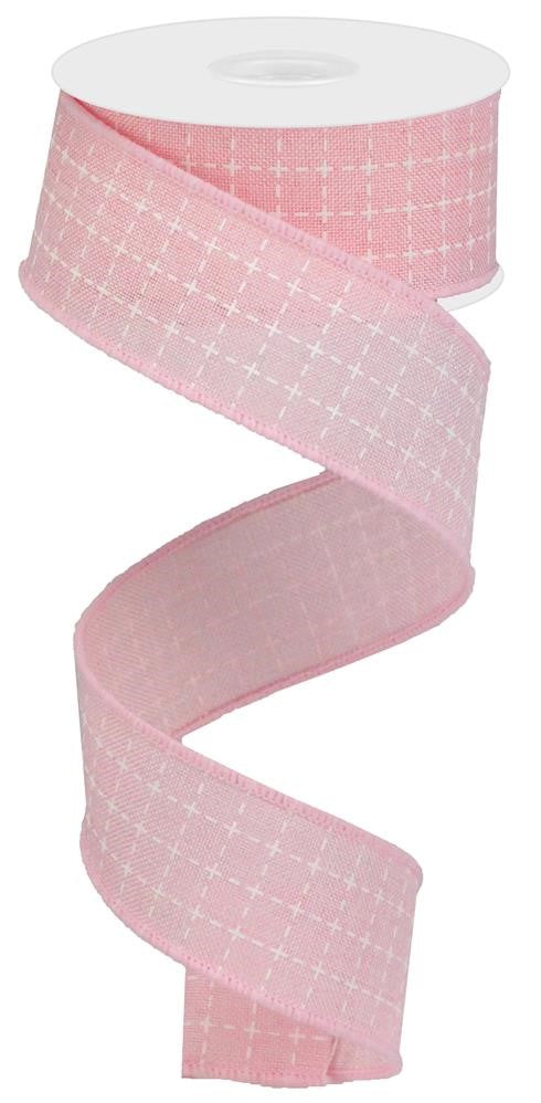 Wired Ribbon * Raised Stitched Squares * Pale Pink and White * 1.5