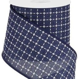 Wired Ribbon * Raised Stitched Squares * Navy Blue and White * 2.5" x 10 Yards * RG0167819