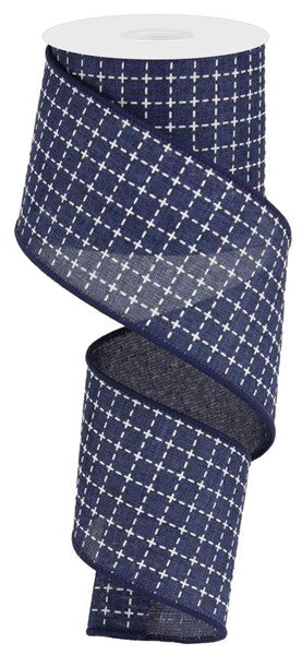 Wired Ribbon * Raised Stitched Squares * Navy Blue and White * 2.5" x 10 Yards * RG0167819