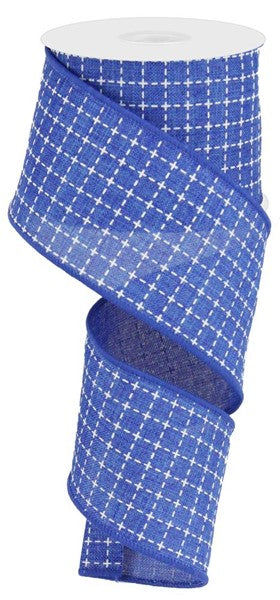 Wired Ribbon * Raised Stitched Squares * Royal Blue and White * 2.5" x 10 Yards  Canvas * RG0167825