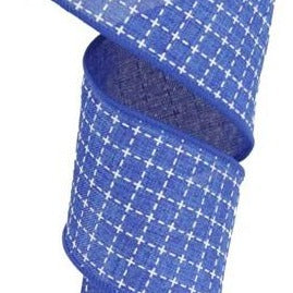 Wired Ribbon * Raised Stitched Squares * Royal Blue and White * 2.5" x 10 Yards  Canvas * RG0167825