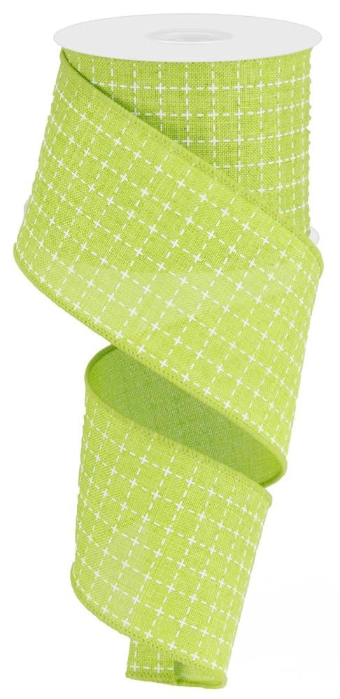 Wired Ribbon * Raised Stitched Squares * Lime and White * 2.5" x 10 Yards * RG01678E9