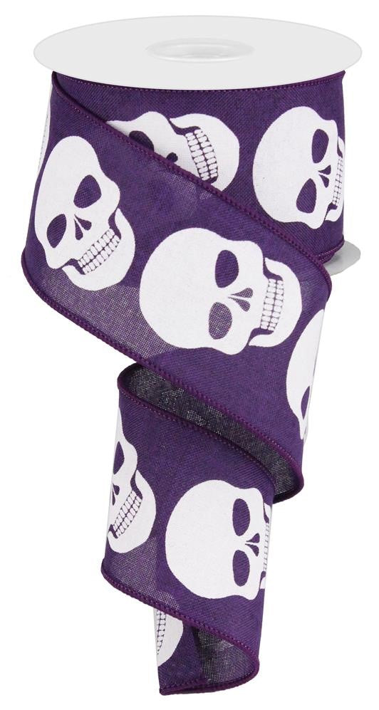 Halloween Wired Ribbon * Skulls * Purple and White Canvas * 2.5" x 10 Yards * RG0168123