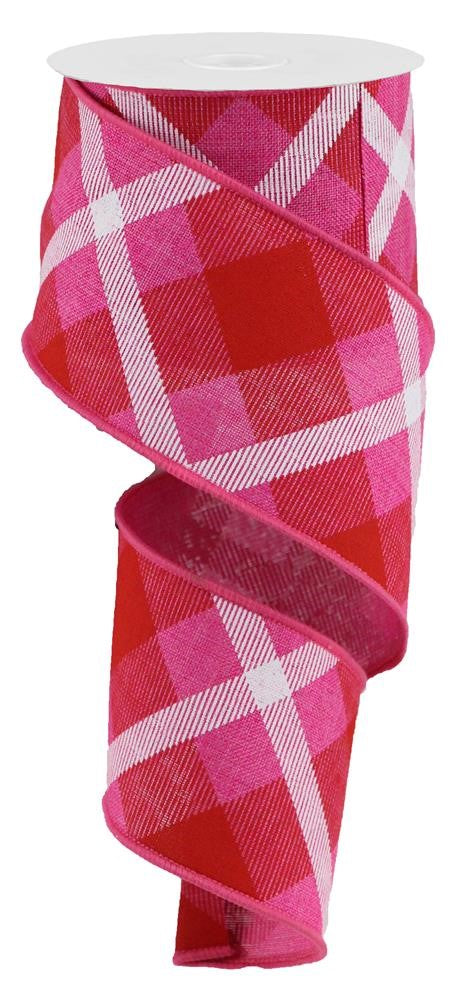 Wired Ribbon * Printed Plaid * Fuchsia, Red and White Canvas  * 2.5" x 10 Yards * RG0168307