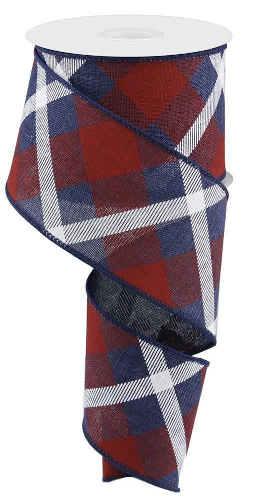 Wired Ribbon * Printed Plaid * Navy Blue, Red and White * 2.5" x 10 Yards  Canvas * RG0168319