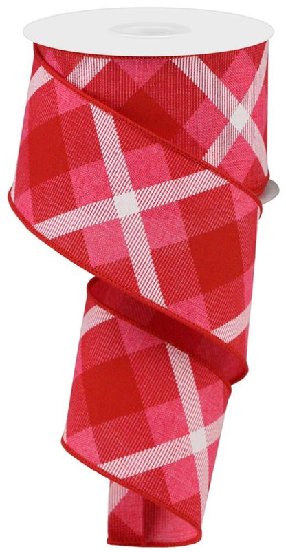 Wired Ribbon * Printed Plaid * Hot Pink, Red and White Canvas  * 2.5" x 10 Yards * RG0168341