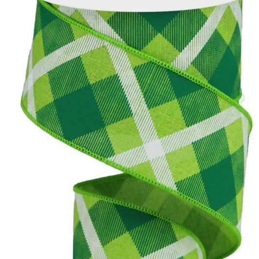 Wired Ribbon * Printed Plaid * Lime, Green and White * 2.5" x 10 Yards  Canvas * RG01683JM