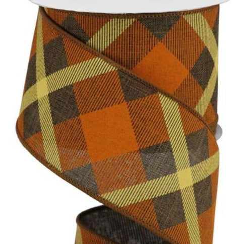 Wired Ribbon * Printed Plaid * Brown, Orange and Mustard * 2.5" x 10 Yards  Canvas * RG01683MW