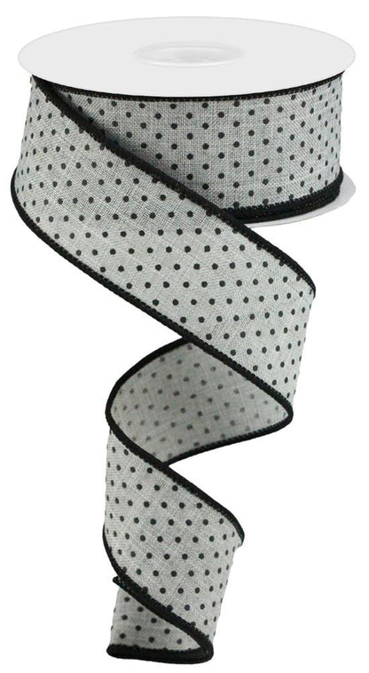 Wired Ribbon * Raised Swiss Dots * Light Grey and Black Canvas * 1.5" x 10 Yards * RG0168510