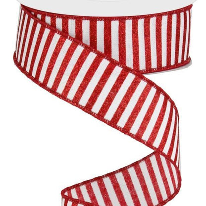 Wired Ribbon * Glitter Stripe * Red Glitter and White * 1.5" x 10 Yards * Canvas * RG0168827