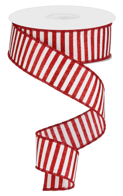 Wired Ribbon * Glitter Stripe * Red Glitter and White * 1.5" x 10 Yards * Canvas * RG0168827