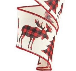 Wired Ribbon * Plaid Moose, Bear & Tree * Cream, Red & Black  * 2.5" x 10 Yards  Canvas * RG017213H