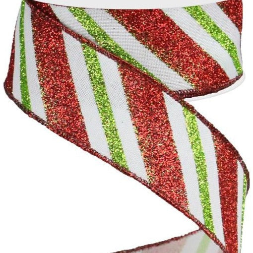 Wired Ribbon * Diagonal Glitter Stripe * Red, Lime and White Canvas * 1.5" x 10 Yards * RG0176527