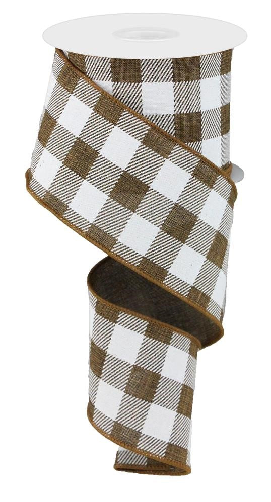 Wired Ribbon * Buffalo Plaid * Brown and White Canvas * 2.5" x 10 Yards * RG0180004