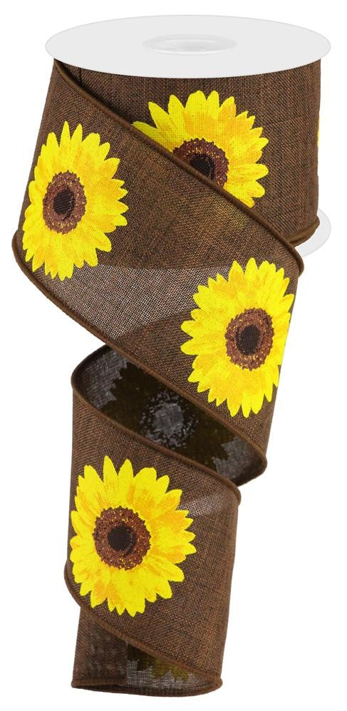 Wired Ribbon * Bold Sunflowers * Dk. Brown, Yellow, Orange and Brown * 2.5" x 10 Yards * RG01813KH