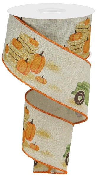 Wired Ribbon * Truck with Pumpkins * Natural, Moss, Orange & Brown * 2.5" x 10 Yards  Canvas * RG0183618