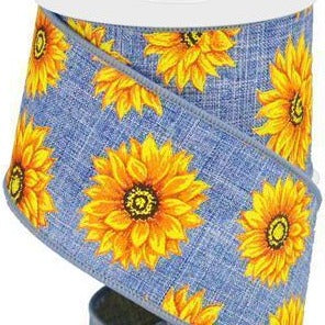 Wired Ribbon * Multi Sunflowers on Denim * Blue, Yellow, Orange, Rust and Brown * 2.5" x 10 Yards * RG01873CT