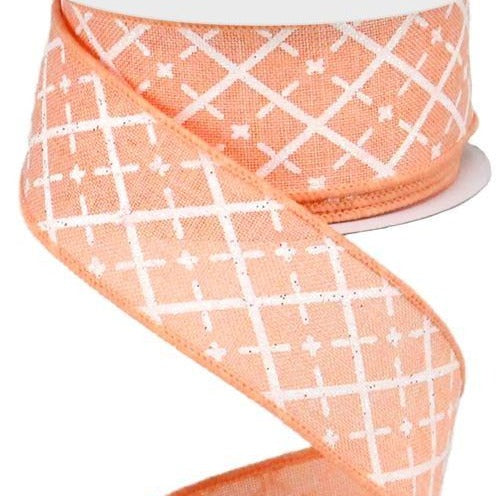 Wired Ribbon * Glittered Argyle * Peach, White and Silver Canvas * 1.5" x 10 Yards * RG01901ET