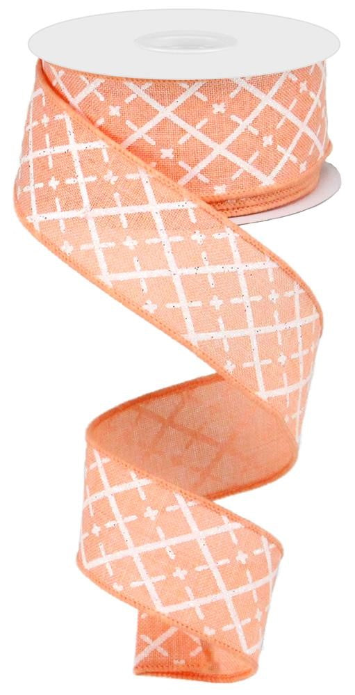 Wired Ribbon * Glittered Argyle * Peach, White and Silver Canvas * 1.5" x 10 Yards * RG01901ET