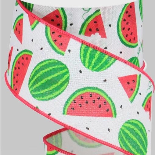 Wired Ribbon * Watermelon Slices * White, Red Pink, Black and Green Canvas * 2.5" x 10 Yards * RG0199227