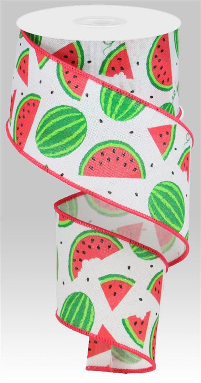 Wired Ribbon * Watermelon Slices * White, Red Pink, Black and Green Canvas * 2.5" x 10 Yards * RG0199227