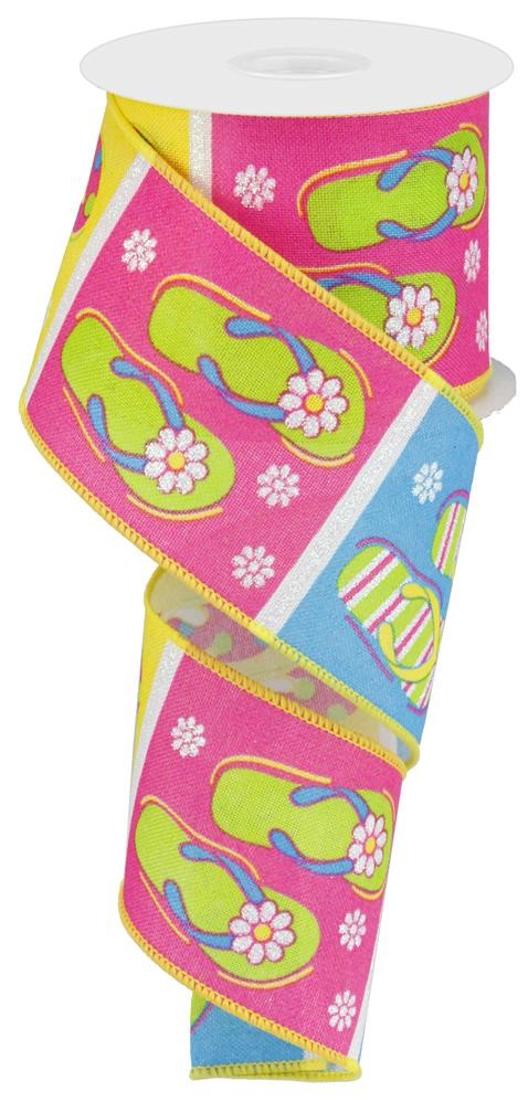 Wired Ribbon * Flip Flops Multi Color Canvas * 2.5" x 10 Yards * RG01712 * Glitter