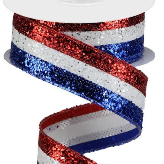 Patriotic Wired Ribbon * 3 in 1  * Large Glitter Red, White and Royal Blue Canvas * 1.5" x 10 Yards * RG08013A1