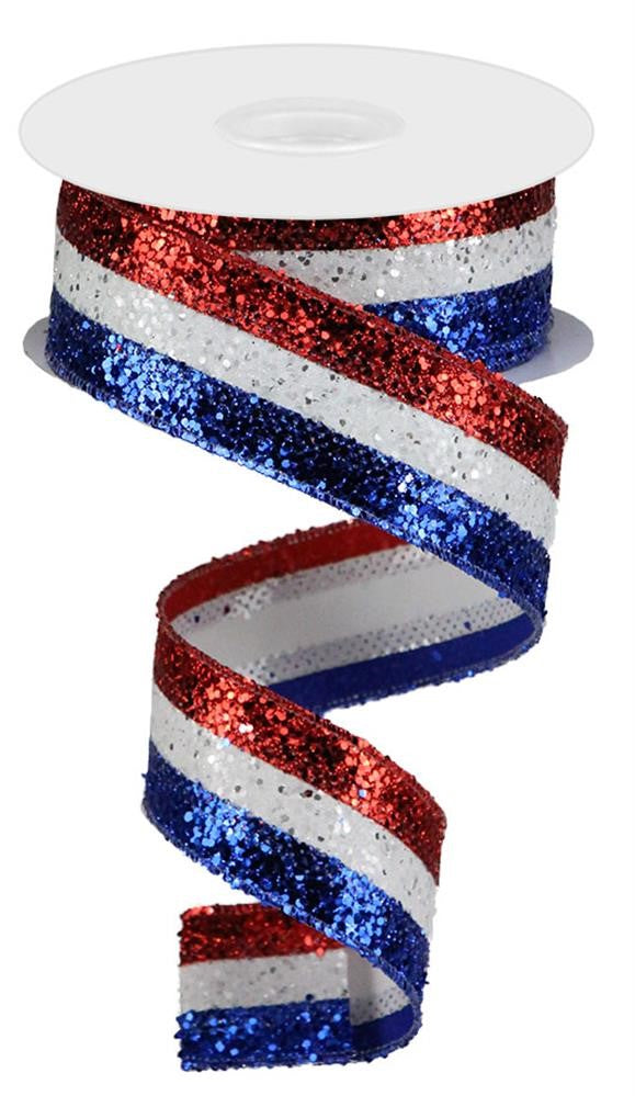 Patriotic Wired Ribbon * 3 in 1  * Large Glitter Red, White and Royal Blue Canvas * 1.5" x 10 Yards * RG08013A1