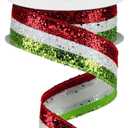 Wired Ribbon * 3 in 1  * Large Glitter * Lime, White and Red Canvas * 1.5" x 10 Yards * RG08013W1
