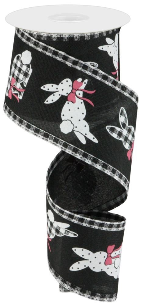 Easter Wired Ribbon * Bunnies * Gingham Trim * White, Pink and Black Canvas  * 2.5" x 10 Yards * RG0879402