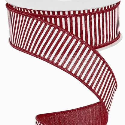 Wired Ribbon * Horizontal Stripes * Burgundy and White  * Canvas* 1.5" x 10 Yards * RG178005