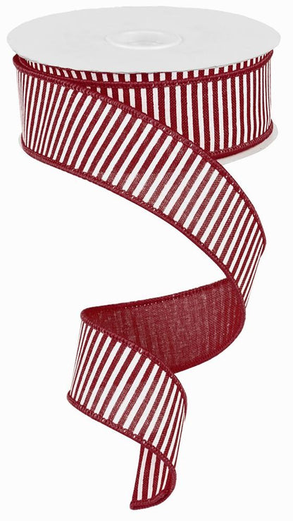 Wired Ribbon * Horizontal Stripes * Burgundy and White  * Canvas* 1.5" x 10 Yards * RG178005