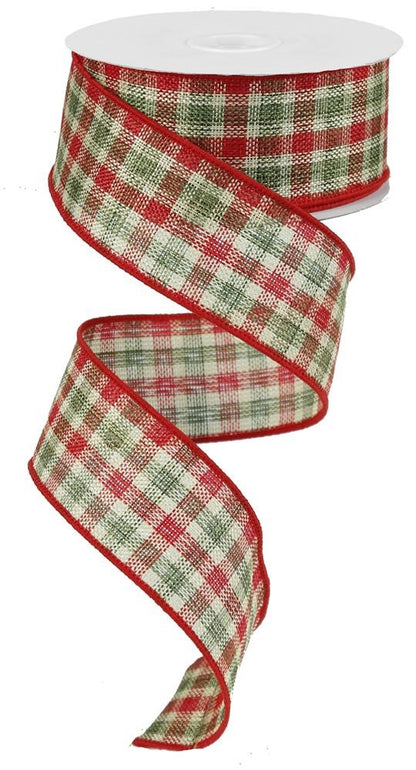 Wired Ribbon * Woven Checked * 1.5' x 10 Yards *  Red, Green and Cream Canvas * RG1898HT