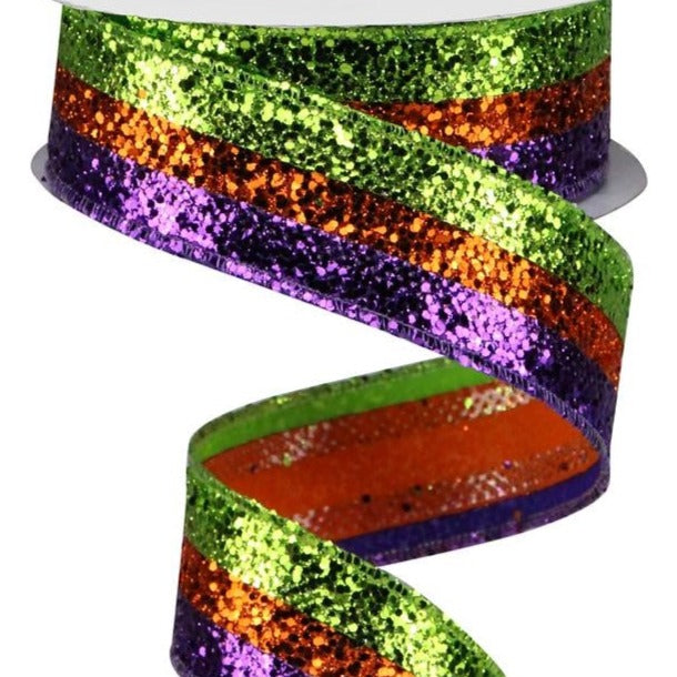 Wired Ribbon * 3 in 1  * Large Glitter * Lime, Purple and Orange Canvas * 1.5" x 10 Yards * RG89819K