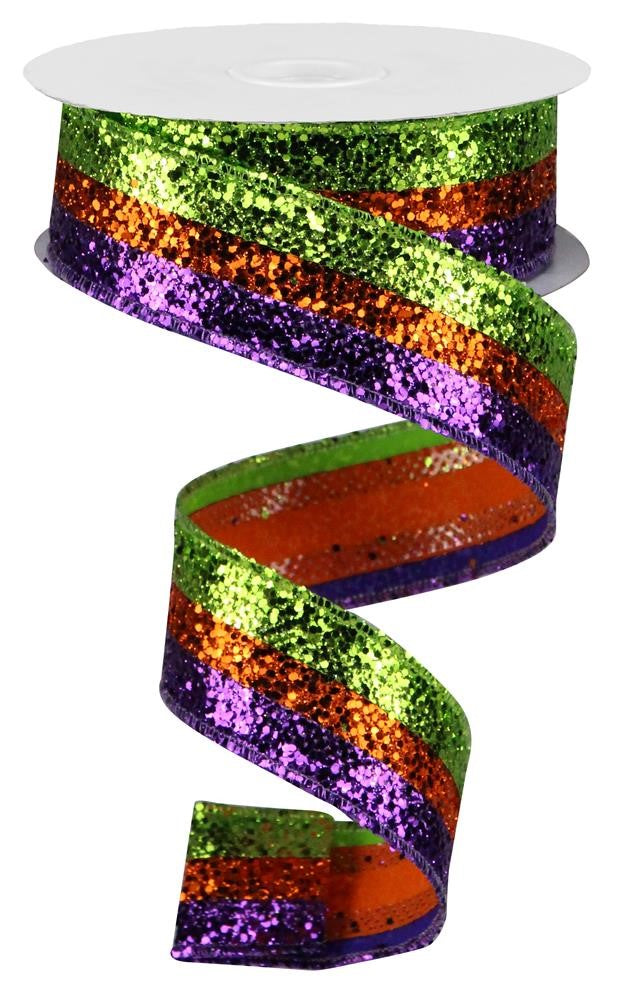 Wired Ribbon * 3 in 1  * Large Glitter * Lime, Purple and Orange Canvas * 1.5" x 10 Yards * RG89819K