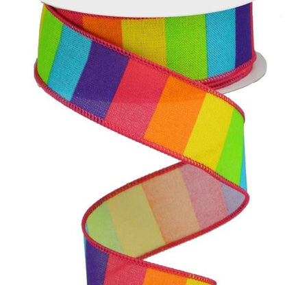 Wired Ribbon * Horizontal Rainbow * Hot Pink, Orange, Yellow, Lime and Turquoise  * Canvas * 1.5" x 10 Yards * RG10183J