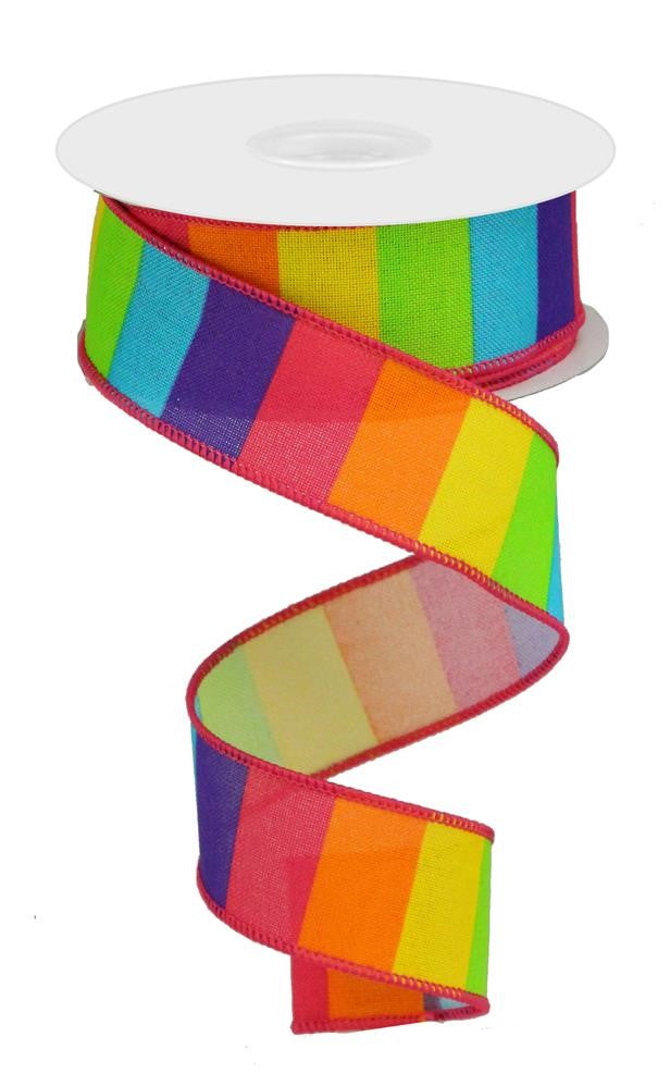 Wired Ribbon * Horizontal Rainbow * Hot Pink, Orange, Yellow, Lime and Turquoise  * Canvas * 1.5" x 10 Yards * RG10183J