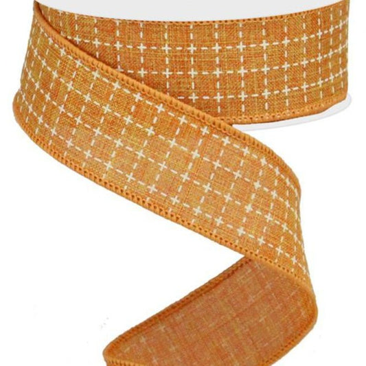 Wired Ribbon * Raised Stitched Squares * Talisman Orange and Cream * 1.5" x 10 Yards * Canvas * RGA10445T
